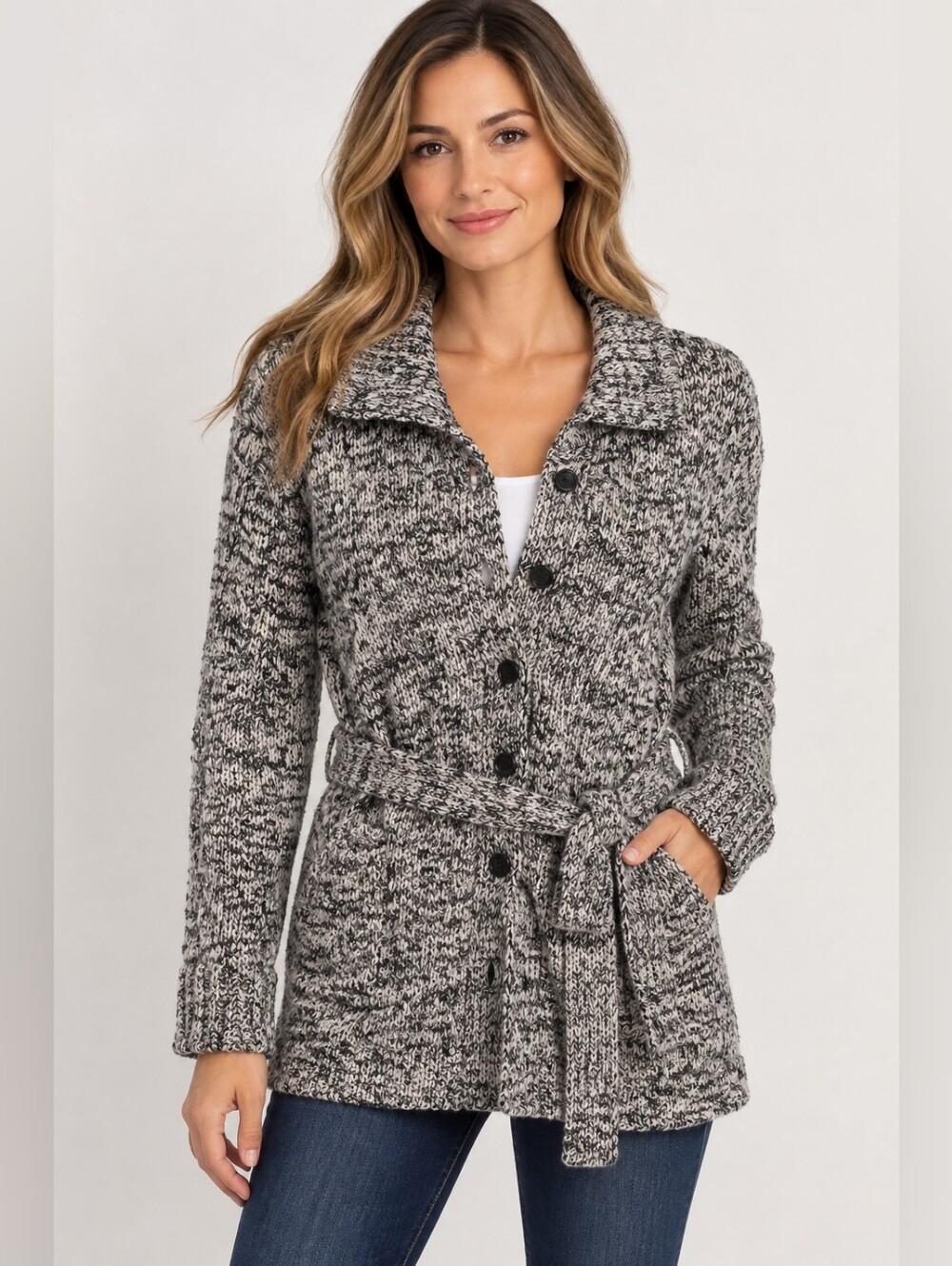 Carolyn Taylor Cable Knit Fisherman Marled Belted Cardigan Sweater Jacket XL Gra